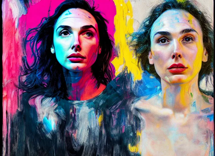 Image similar to portrait gal gadot, vincent lefevre and hernan bas and pat steir and hilma af klint, psychological, photorealistic, dripping paint, washy brush, rendered in octane, altermodern, masterpiece