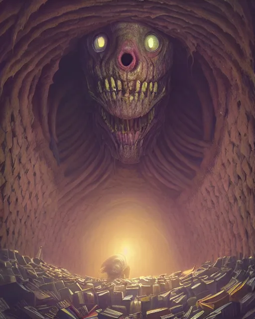 Image similar to highly detailed surreal vfx portrait of a creepy monster in a catacomb of books, stephen bliss, unreal engine, greg rutkowski, loish, rhads, beeple, makoto shinkai and lois van baarle, ilya kuvshinov, rossdraws, tom bagshaw, alphonse mucha, global illumination, detailed and intricate environment