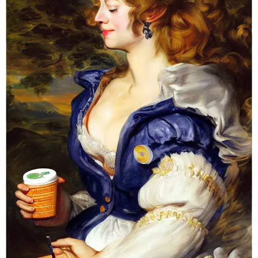 Prompt: heavenly summer sharp land sphere scallop well dressed lady drinking a starbucks coffee paper cup, auslese, by peter paul rubens and eugene delacroix and karol bak, hyperrealism, digital illustration, fauvist, starbucks coffee cup