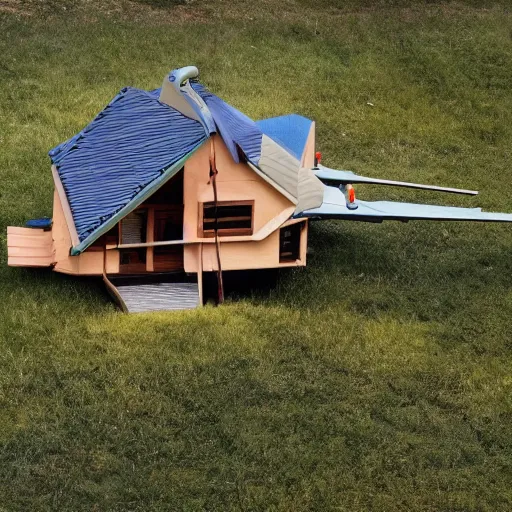 Prompt: Recycled house made from a helicopter, photo