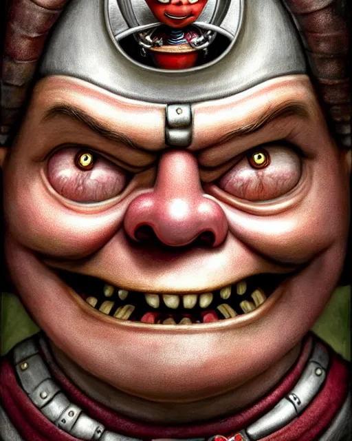 Image similar to highly detailed closeup, face profile portrait of a tin toy matt damon as a medieval demon with horns eating cakes in a castle, hyper realistic, artstation, illustration, nicoletta ceccoli, mark ryden, lostfish, dan decarlo, bob clampett, max fleischer, digital paint, matte paint, vivid colors, detailed and intricate environment