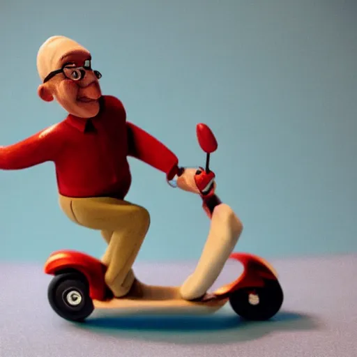 Image similar to a claymation figure of a man on a scooter