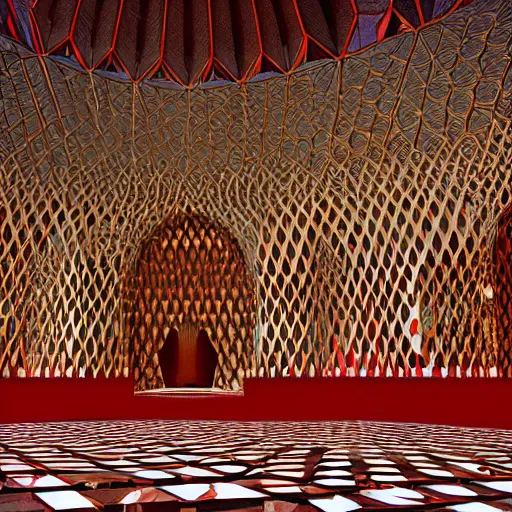 Prompt: interior of a futuristic lotus mosque cathedral with gold, red and white marble panels, in the desert, by buckminster fuller and syd mead, intricate contemporary architecture, photo journalism, photography, cinematic, national geographic photoshoot