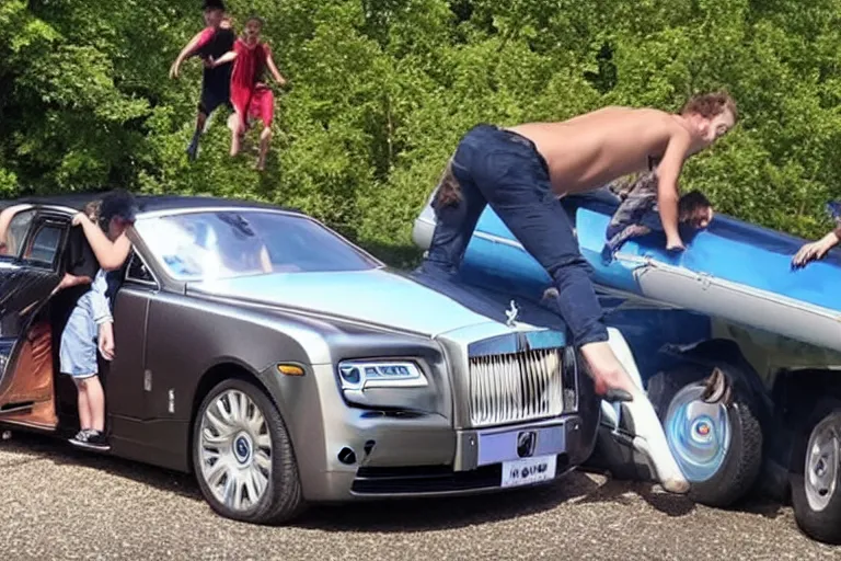 Image similar to Teenagers push Rolls-Royce into lake with their hands from a small slide wanting to drown him