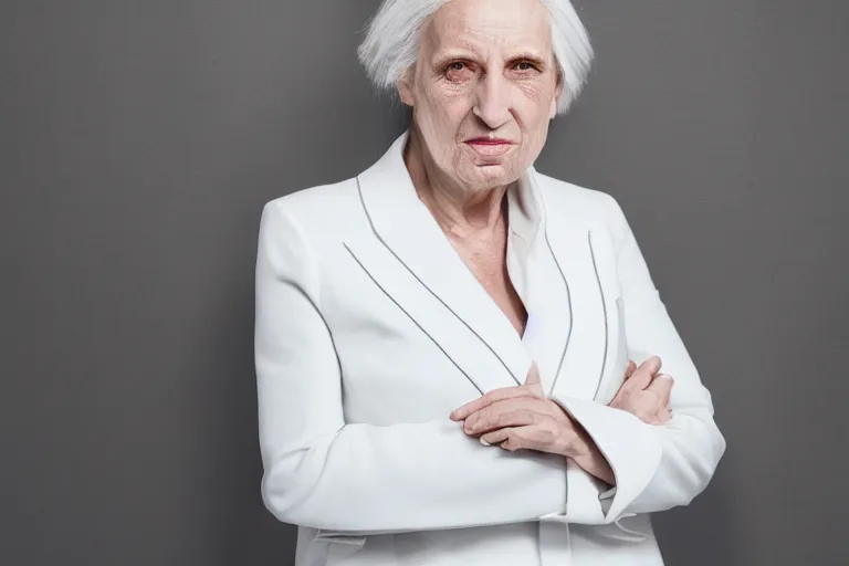 Image similar to a realistic studio cinematic headshot portrait of a beautiful old woman, wearing futuristic white suit, ceo, 4 k, ultra realistic, dramatic lighting, vogue, fashion, by annie leibovitz