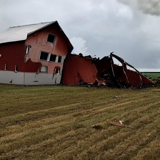 Prompt: a photograph of a dramatic tornado destroying a barn in a field wow insane intense incredible