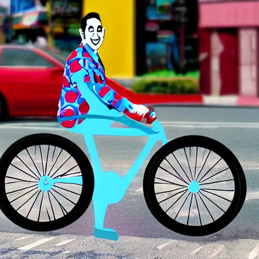 Prompt: Pee-Wee Herman on his bike outside an Adult Movie theater, digital art, hyper realistic, 8k