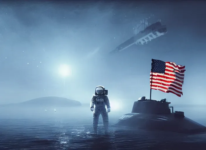 Image similar to astronaut holding a flag in an underwater desert. a submarine is visible in the distance. dark, concept art, cinematic, dramatic, atmospheric, 8 k, trending on artstation, blue, fish, low visibility, fog, ocean floor, christopher nolan, interstellar