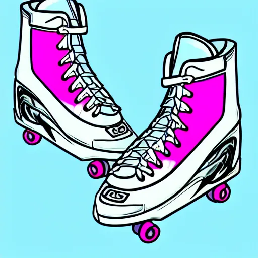 Image similar to a drawing of a pair of white retro! roller skates with dragon embroidery and cyan wheels on a pedestal!! in an empty white room, trending on artstation, carpenter brut, synthwave, pink lightning, neon!! light