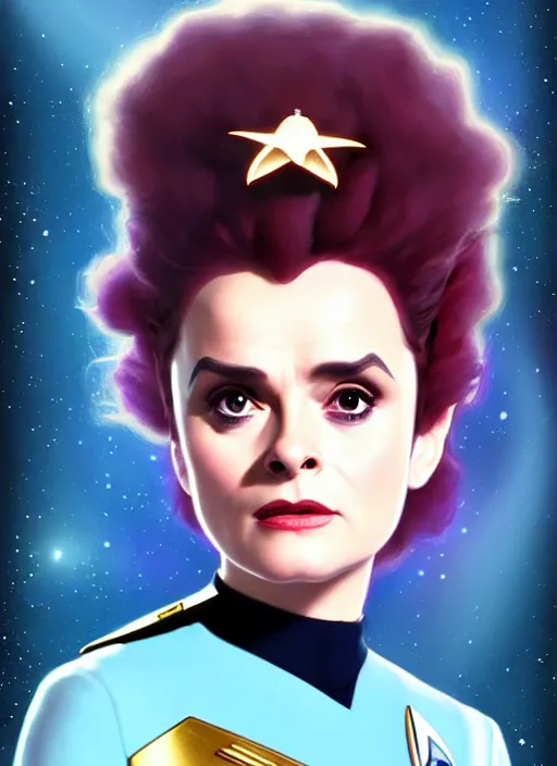 Prompt: cute star trek officer helena bonham carter, natural lighting, path traced, highly detailed, high quality, digital painting, by don bluth and ross tran and studio ghibli and alphonse mucha, artgerm