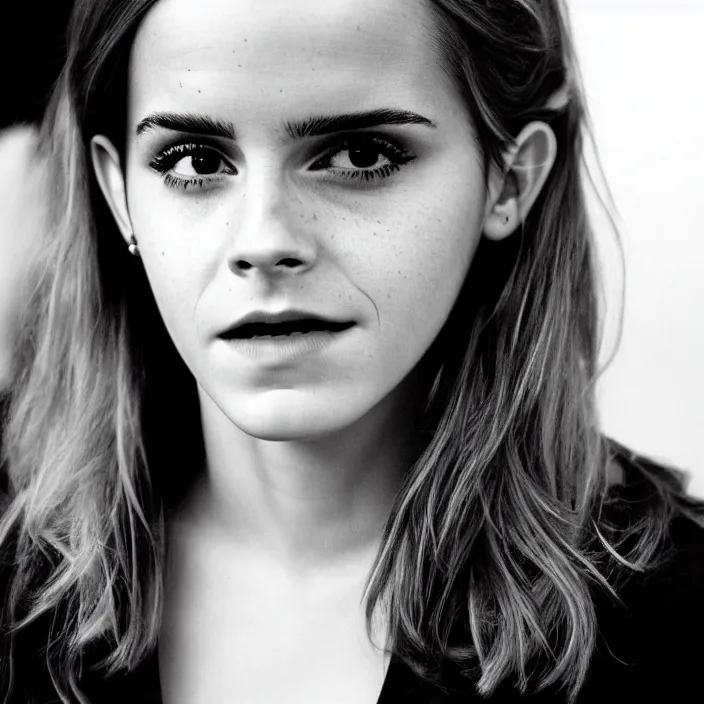 Prompt: emma watson looking to the left. black and white. portrait.