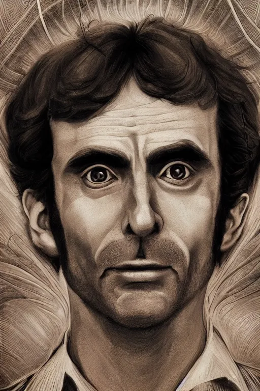 Prompt: cinematic portrait of Ted Bundy. Centered, uncut, unzoom, symmetry. charachter illustration. Dmt entity manifestation. Surreal render, ultra realistic, zenith view. Made by hakan hisim feat cameron gray and alex grey. Polished. Inspired by patricio clarey, heidi taillefer scifi painter glenn brown. Slightly Decorated with Sacred geometry and fractals. Extremely ornated. artstation, cgsociety, unreal engine, ray tracing, detailed illustration, hd, 4k, digital art, overdetailed art. Intricate omnious visionary concept art, shamanic arts ayahuasca trip illustration. Extremely psychedelic. Dslr, tiltshift, dof.  64megapixel. complementing colors. Remixed  by lyzergium.art feat binx.ly and machine.delusions. zerg aesthetics. Trending on artstation, deviantart