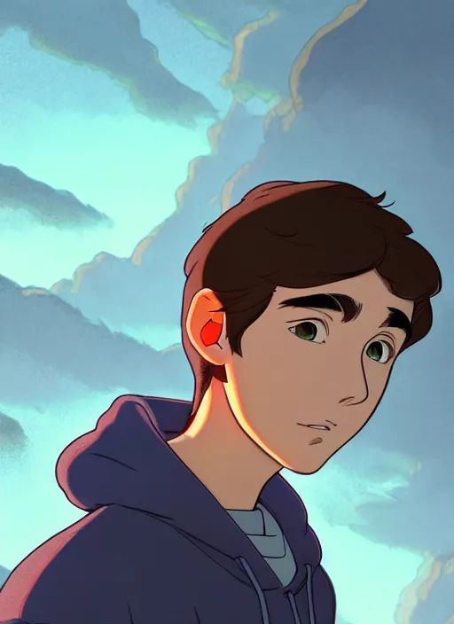 Image similar to teen boy with short brown hair, wearing a hoodie, hood up, natural lighting, path traced, highly detailed, high quality, cartoon, digital painting, by don bluth and ross tran and studio ghibli and alphonse mucha