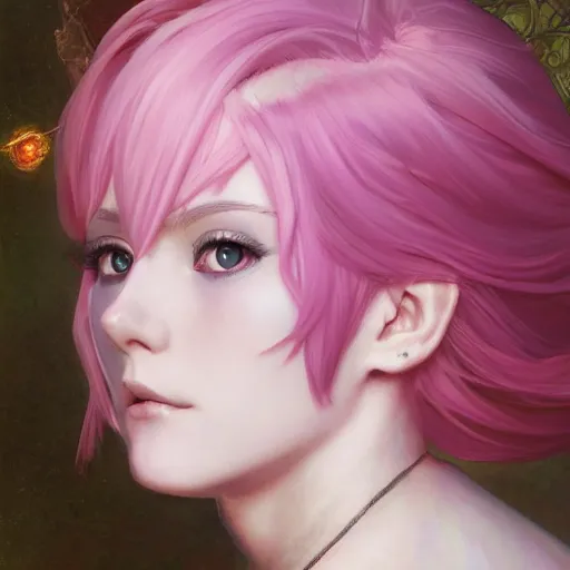 Image similar to VI from League of Legends with short pink hair drawn by Donato Giancola and Makoto Shinkai, Edmund Leighton, Alphonse Mucha, background by James Jean and Gustav Klimt, 4k, Arcane animated Series, porcelain skin, volumetric lighting, komorebi, french nouveau, trending on artstation, octane render, hyperrealistic