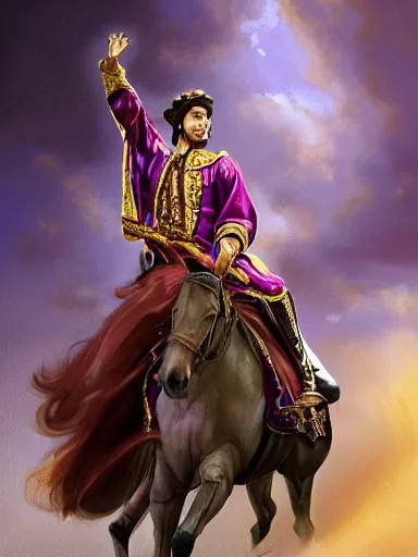 Image similar to a handsome man weaing a purple silk robe, happy and disarmed, laurels of glory, returns to home triunphantly mounted in a horse. full of pride. victorirous. prideful.. intricate, elegant, highly detailed, digital painting, artstation, concept art, sharp focus, illustration, by justin gerard and artgerm, 8 k