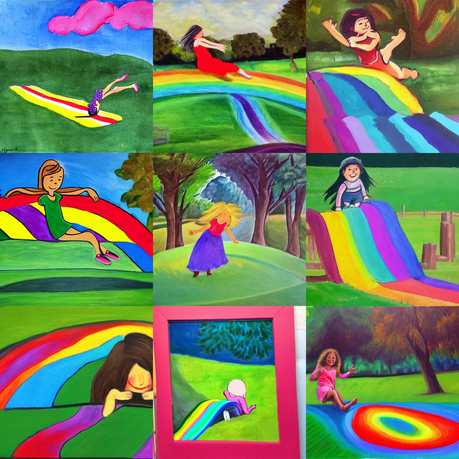 Prompt: a girl sliding down a rainbow on the lawn. painting by j. g. quintel.