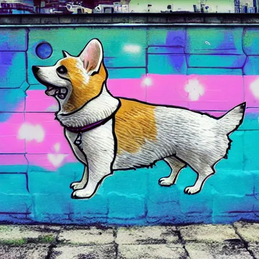 Prompt: corgi street art, album cover, vaporwave, cyberpunk, futuristic, sci - fi