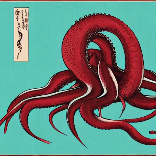 Prompt: CGI of giant octopus overlayed on ocean ukiyo-e background