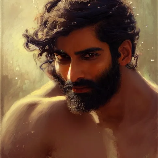 Image similar to detailed realistic cinematic wide shot of beautiful attractive indian man with beard and great haircut blue bath robe slim face symettrical face clean skin black eyes black robe smooth, sharp focus, ultra realistic, spring light, painting by gaston bussiere, craig mullins, j. c. leyendecker