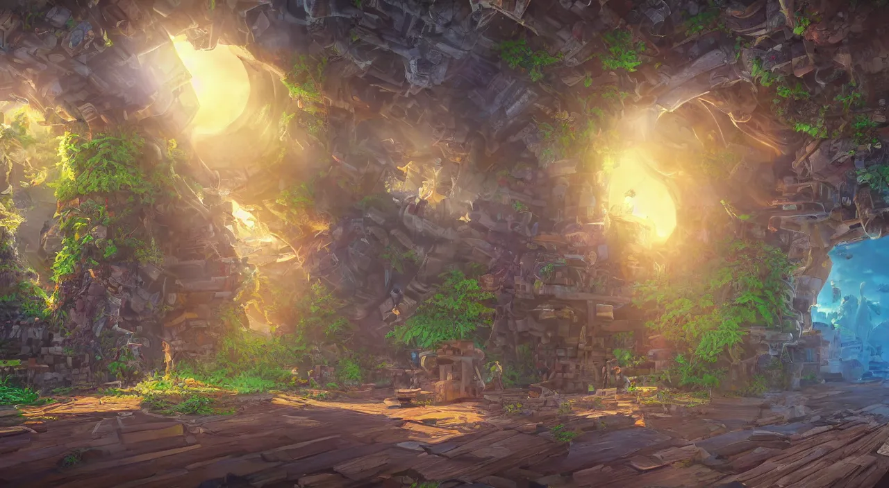 Prompt: open door wood wall fortress airship greeble block amazon jungle on portal unknow world ambiant fornite colorful radiating a glowing aura global illumination ray tracing hdr fanart arstation by sung choi and eric pfeiffer and gabriel garza and casper konefal