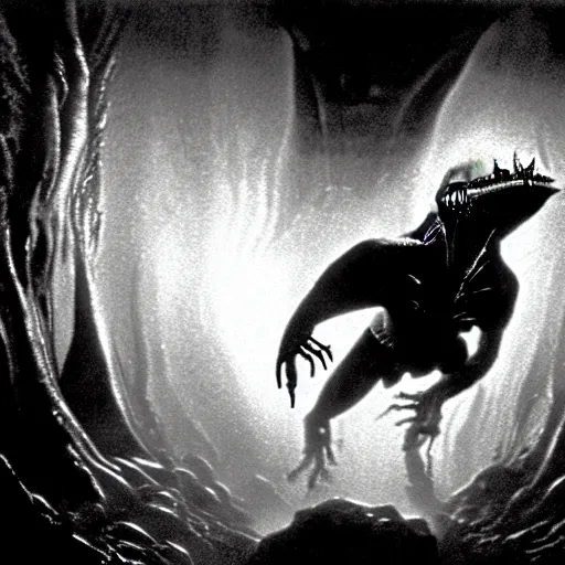 Image similar to a close - up, ultra detailed black & white studio photographic portrait of a loud screeching giant, bat - like creature flying towards you, you are exploring an alien planet and come across a strange, dark cave, dramatic backlighting, 1 9 7 3 photo from life magazine, by keith thompson, h. r. giger, in the style of the movie aliens