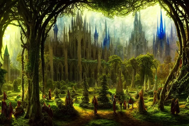 Image similar to a beautiful and highly detailed fantasy landscape painting of an elven cathedral in a beautiful garden in a mystical forest, psychedelic, intricate details, epic scale, insanely complex, 8 k, sharp focus, hyperrealism, artstation, cgsociety, by caspar friedrich, albert bierstadt, james gurney, brian froud,