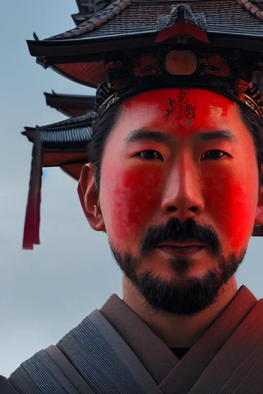 Image similar to Closeup portrait of a samurai wearing a sashimono. Red rising sun and Torii gate in background. Unique godlike samurai. Greg rutkowski legendary matte painting.. 4k, particles light,