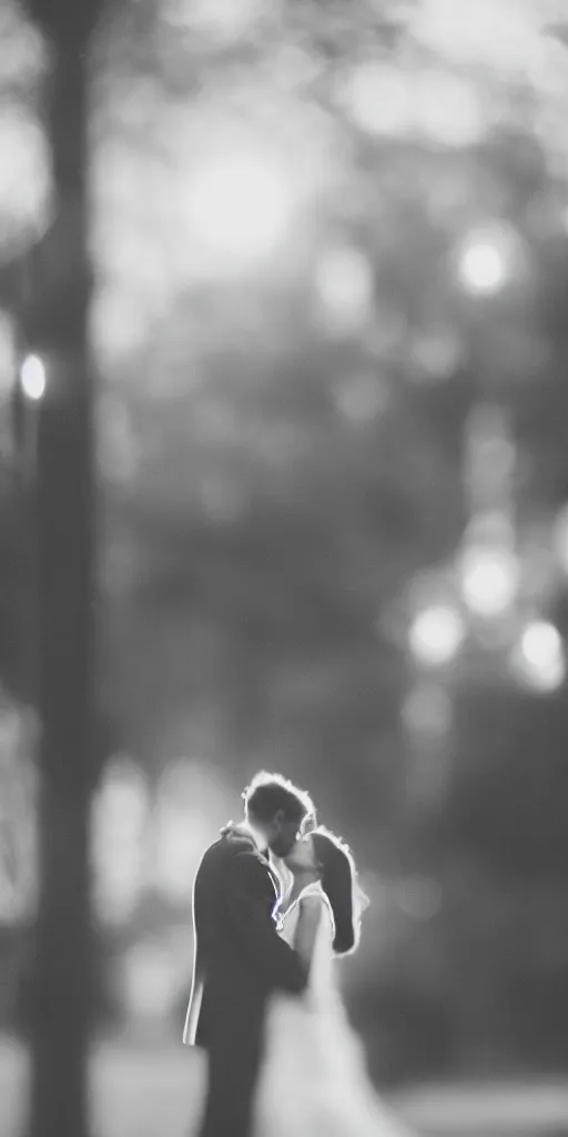 Prompt: a blurry picture of two beautiful people kissing, long exposure photograph, anamorphic bokeh, contrasting lighting