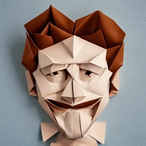 Image similar to a 2 d flat paper origami portrait of a caucasian man with wavey short hair, made from paper, friedly smile, raised eyebrows, great composition, ambient light