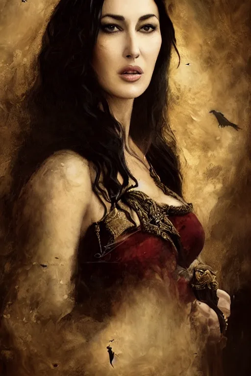 Image similar to majestic gracious regal aristocratic raven haired monica bellucci as the roman - greece vampire pandora portrait, indoors, atmospheric lighting, painted, intricate, volumetric lighting, beautiful, rich deep colours masterpiece, sharp focus, ultra detailed, by leesha hannigan, ross tran, thierry doizon, kai carpenter, ignacio fernandez rios