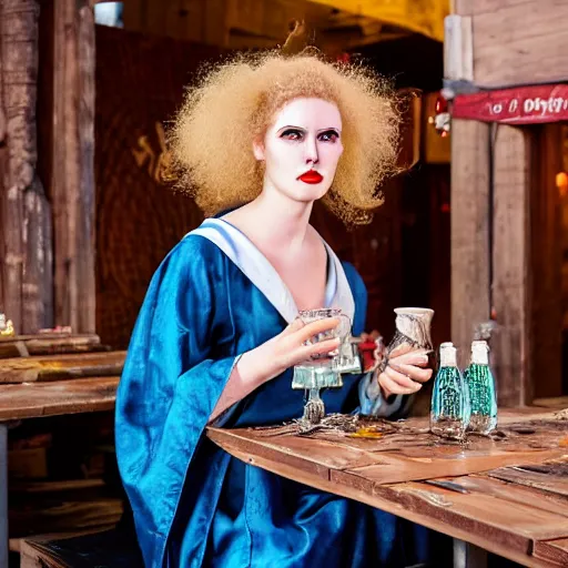 Image similar to a woman sitting at a table covered in empty beer mugs, a beautiful english woman with a long face narrow nose pale skin blue eyes red lips and wild messy tangles of curly white blonde hair, high resolution film still wearing a black robe drinking at a table, sandy, a journey to the west