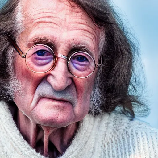 Prompt: old john lennon singer at age 9 0 years old, color ( sony a 7 r iv, symmetric balance, polarizing filter, photolab, lightroom, 4 k, dolby vision, photography award ), vogue, perfect face