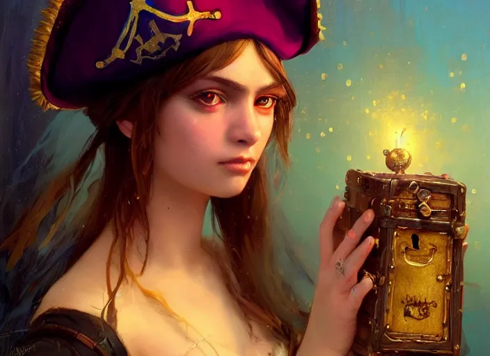 Image similar to full body picture of a pirate girl, hard breathing, messy hair, very excited, sparkling eyes, front of the treasure box, magic and fantasy on the background, coveted, beautiful and aesthetic and attractive and detailed face, specular reflection, occlusion shadow, intricate, bokeh, masterpiece, by ilya kuvshinov and jeremy lipking and quentin mabille