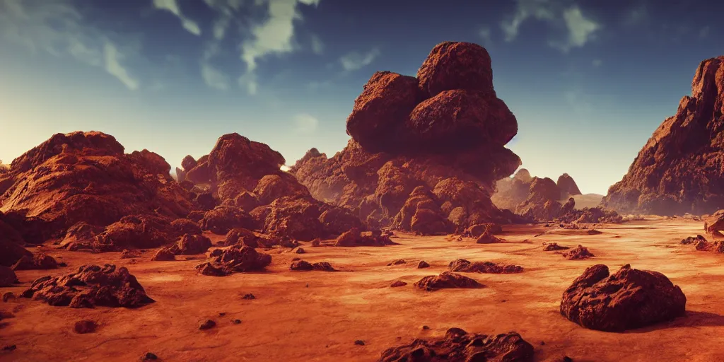 Image similar to a rocky valley on a distant planet, volcanic landscape, concept art, octane render, unreal engine 5, trending on artstation, high quality, highly detailed, 8 k hdr, red sea, blue sand, high coherence, path traced, serene landscape, breathtaking landscape, cinematic lighting, hyperrealistic, golden hour