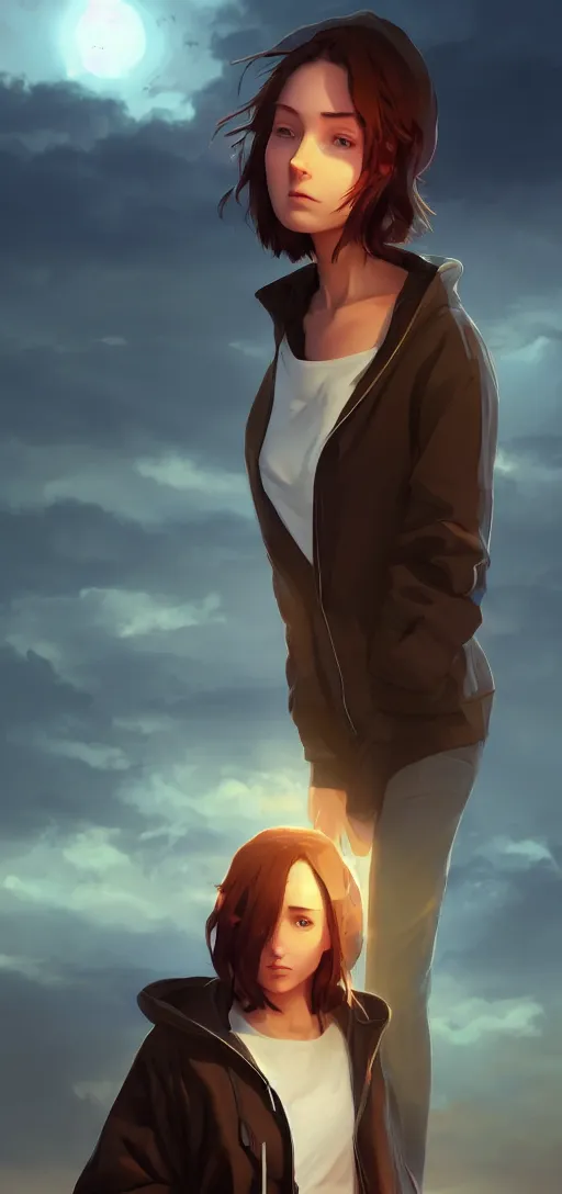 Image similar to a beautiful british woman with short brown hair, gentle, somber amber eyes, standing on a rooftop, storm in the distance, oversized hoodie that goes down to the knees, digital art by makoto shinkai ilya kuvshinov and wojtek fus, digital art, concept art,