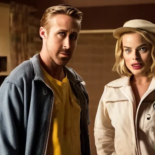 Image similar to still of ryan gosling and margot robbie, in stranger things