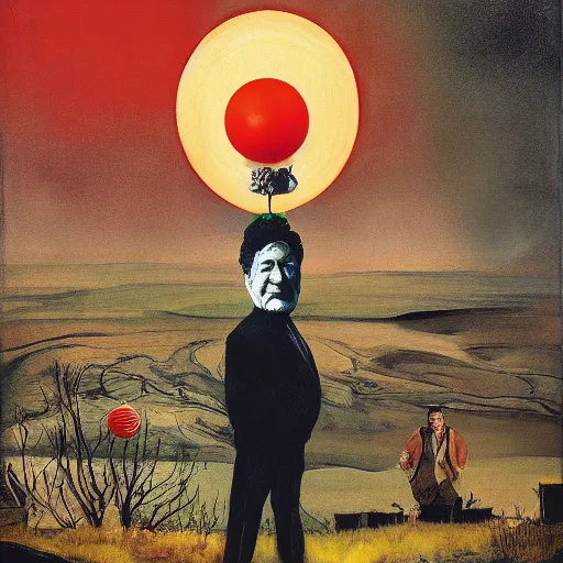 Prompt: Portrait John Goodman wearing a clown costume whilst brandishing a red orb standing atop a skyscraper andrew wyeth niel welliver peter doig greg rutkowski giorgio de chirico mark ryden jamie wyeth victo ngai