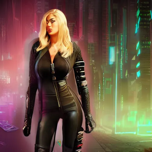 Prompt: full body photo of kate upton as a cyberpunk thief warrior