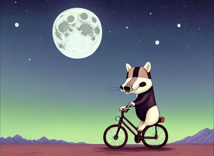 Image similar to a cell shaded cartoon badger riding a bicycle, with a big head, on a desert road, wide shot, in front of a big moon, muted colors, post grunge, josan gonzales, wlop, by james jean, victor ngai, hq, deviantart, art by artgerm