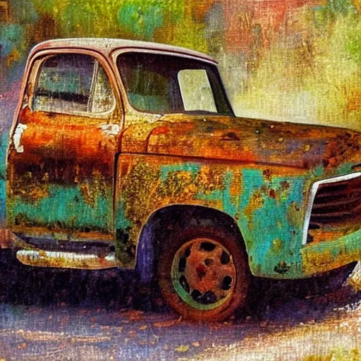 Prompt: impressionist painting of an old rusty pickup truck overrun by very thick kudzu