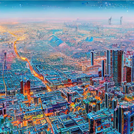 Image similar to painting of the city of baghdad in cyberpunk, wide angle,