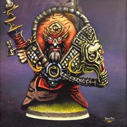 Image similar to chaos dwarf smith in the style of warhammer fantasy : : head and torso oil painting