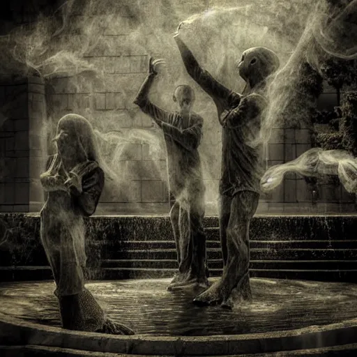 Prompt: the ghosts of the past, present and the future dancing around the fountain of youth and wisdom translucent transparent smoke photorealistic creepy dark foreboding unearthly ghoulish