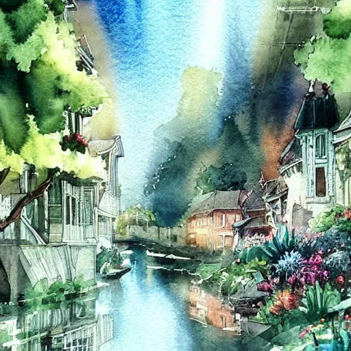 Image similar to Beautiful happy picturesque charming sci-fi town in harmony with nature. Beautiful light. Water and plants. Nice colour scheme, soft warm colour. Beautiful detailed watercolor by Lurid. (2022)