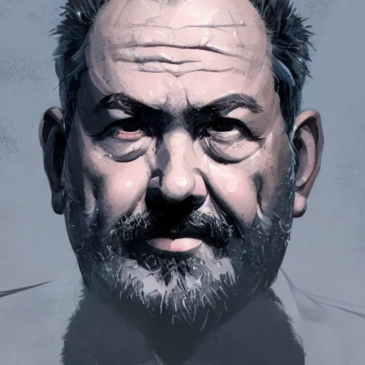 Image similar to portrait of an overweight 55 year old man with short gray hair and a thick, round gray beard, round cheeks, wearing a checkered shirt, dramatic lighting, illustration by Greg rutkowski, yoji shinkawa, 4k, digital art, concept art, trending on artstation