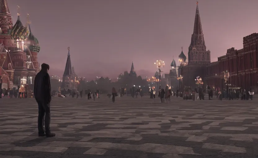 Prompt: a man standing in the middle of Red Square at night, a photorealistic painting by Gregory Crewdson, cgsociety, playstation 5 screenshot, matte painting, cryengine