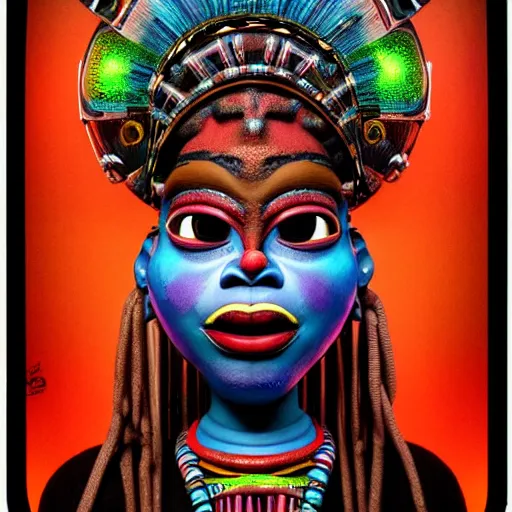 Prompt: wide - angle profile face portrait of a tin toy african neon shaman doing cyberpunk! voodoo, nicoletta ceccoli, mark ryden, lostfish, max fleischer, hyper realistic, artstation, illustration, digital paint, matte paint, vivid colors, bright, cheerful, detailed and intricate environment