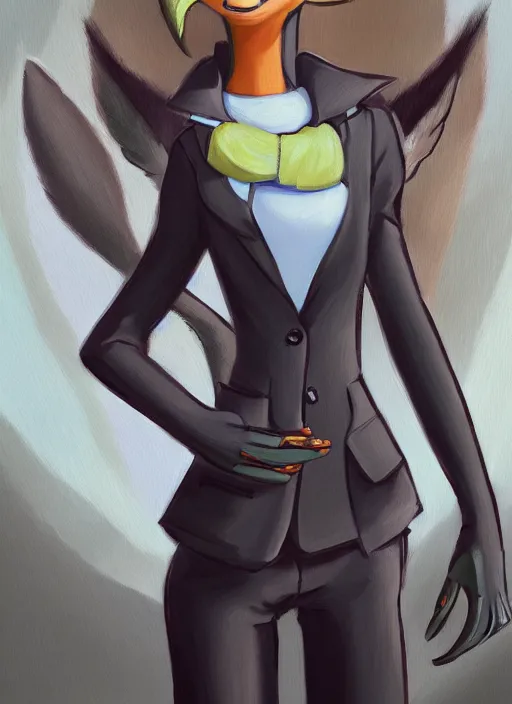 Image similar to oil painting detailed full body of anthromorphic female wolf, in style of zootopia, zootopia, zootopia, fursona, furry, furaffinity, 4 k, deviantart, furry art, fursona art, wearing black business suit, business suit, in style of zootopia, wolf fursona, cyberpunk, female, expressive, detailed feminine face,