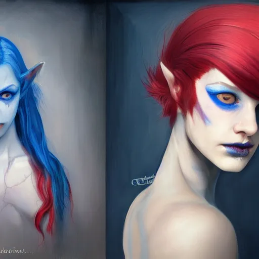 Image similar to A detailed matte oil on canvas head on symmetrical portrait of a distinguished elven woman with red and blue hair on an empty background, by Charlie bowater, Lise Deharme, Wlop, trending on artstationhd, dungeons and dragons art, parted hair , half blue, half red , split dye, critical role