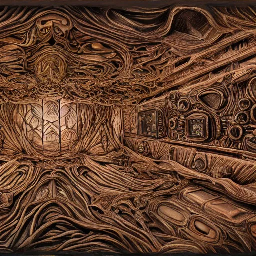 Image similar to a monstrous organic flesh room with intricate folds and grotesque textures, cube shaped room, highly detailed, alien technology, 4 k, 8 k, oil on canvas